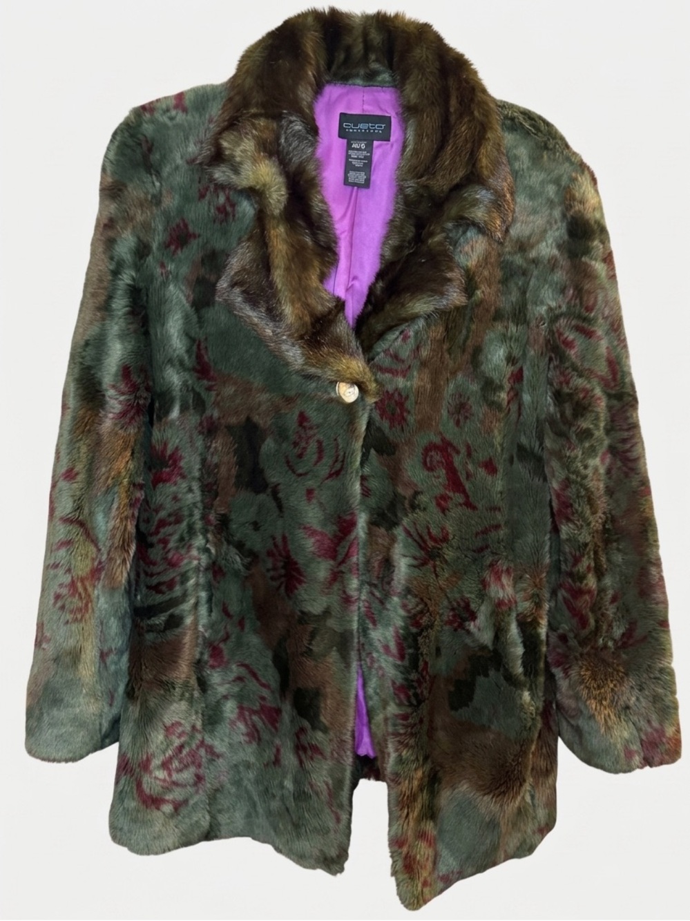 CUSTO BARCELONA green burgundy rose print snow is cold faux fur jacket y2k